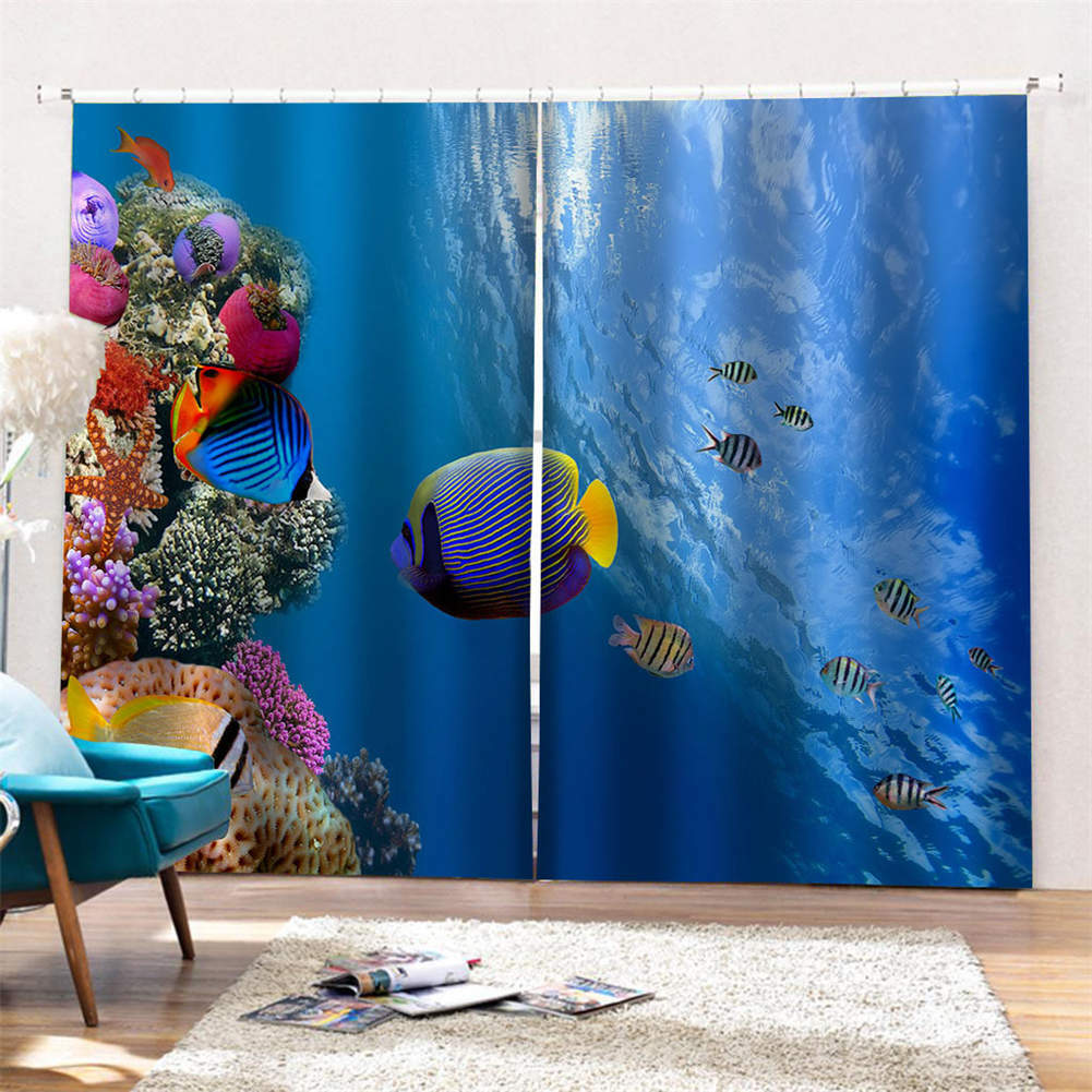 Ocean Precision Sea Blue Fish Printing 3D Blockout Curtains Fabric Window