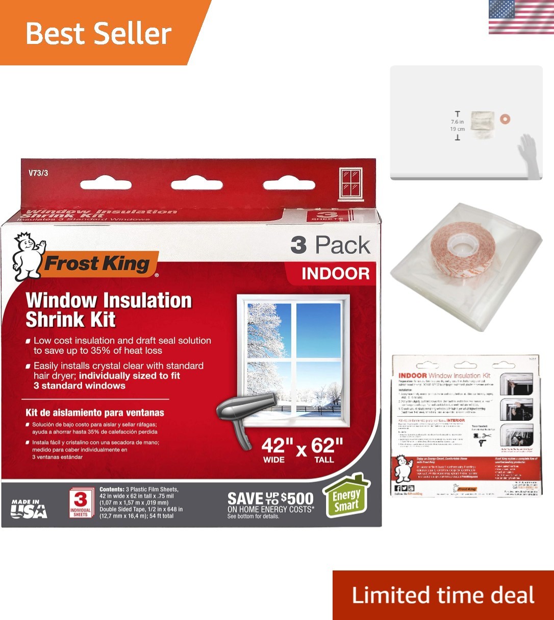 V73/3H Shrink Window Insulation Kit, Indoor, 42 x 62 in, 3 pack