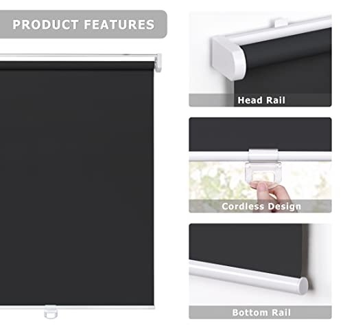 No Tools No Drill Cordless Roller Shades, 100%out Roller 20” W x 72” H Black
