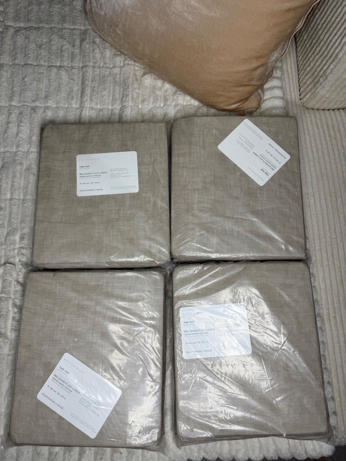 Set of 4 Pottery Barn Belgian Flax Linen Sheer Curtain Panels, 4-Pack, Tan