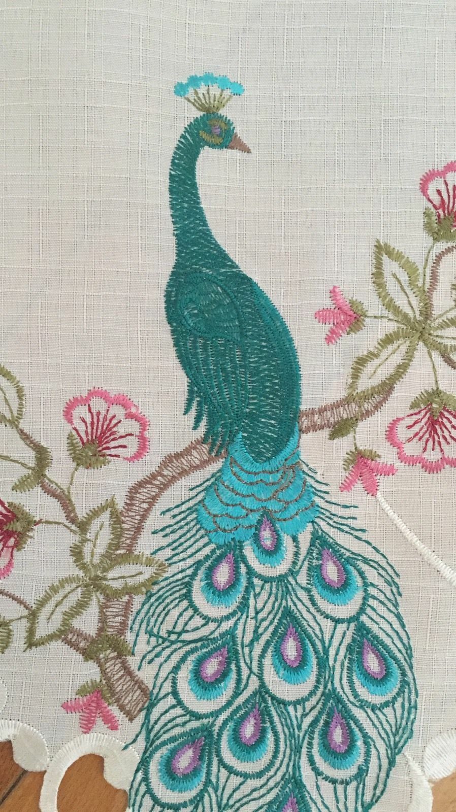 Embroidered Peacock Window Valance Peacock Feathers Spring Blooms Window Valance
