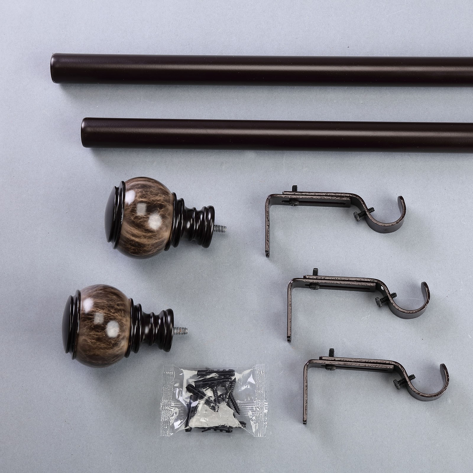 42-126″ long Brown Adjustable Metal Curtain Rod Set Marble Finials Decorations