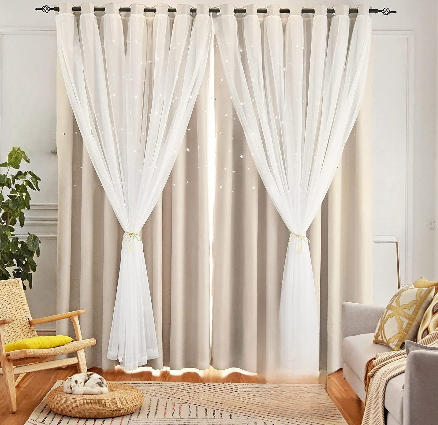 Star Curtains Blackout with white lace Curtains for Bedroom Double Layer Curtain