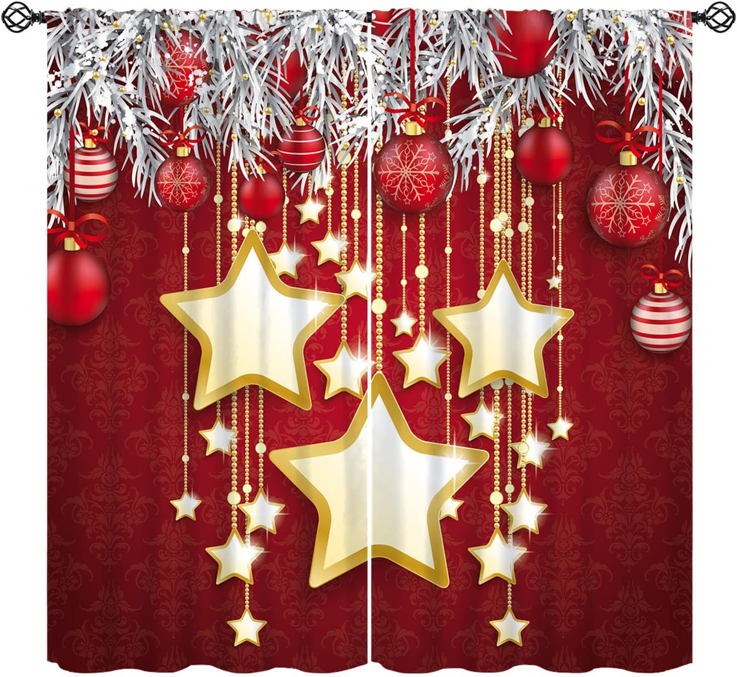 Christmas Window Curtains, Holiday Season Backdrop with Snow Gift Twigs and Sta