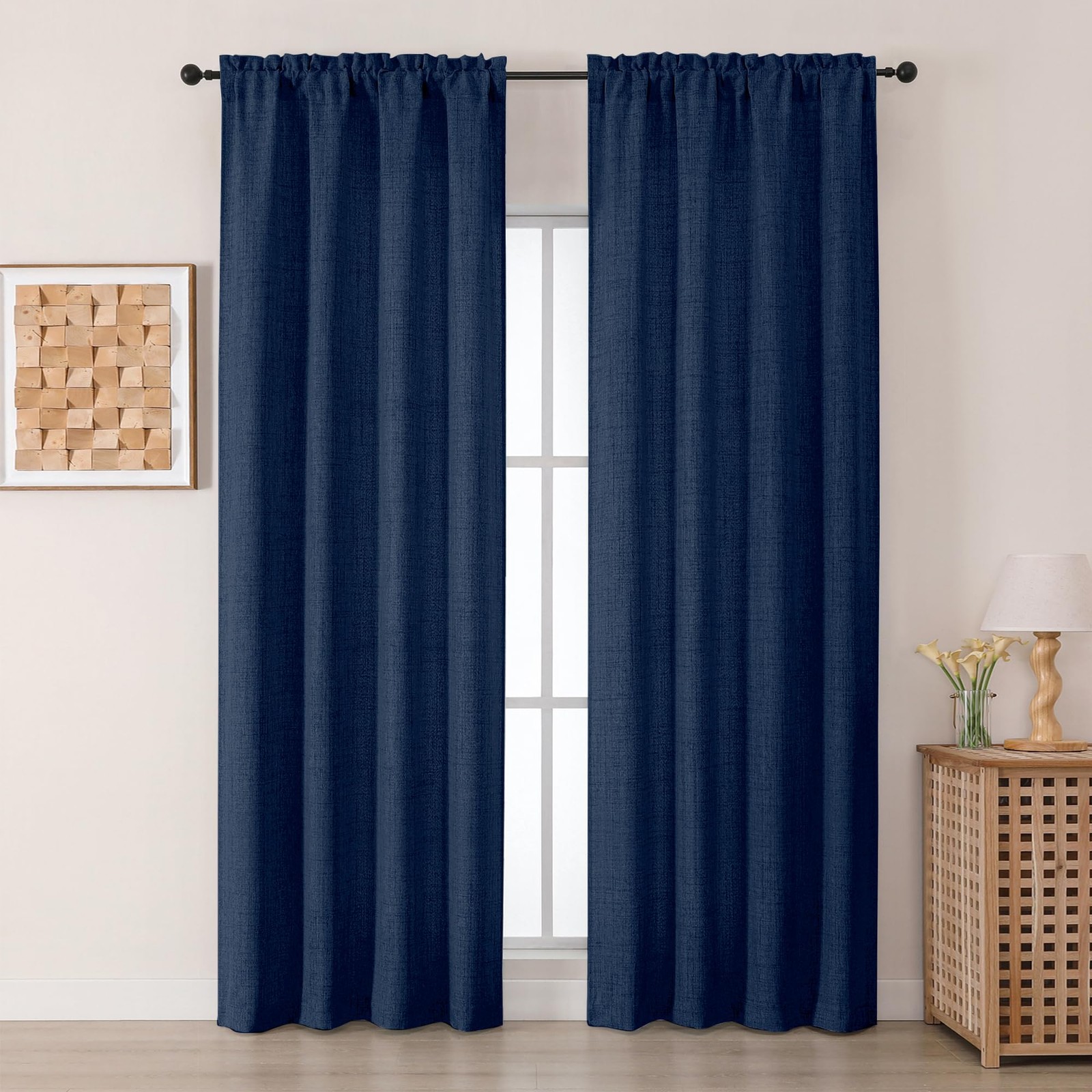 Navy Blue Curtains 84 Inches Long 2 Panels, Light Filtering Faux Linen Slub T…