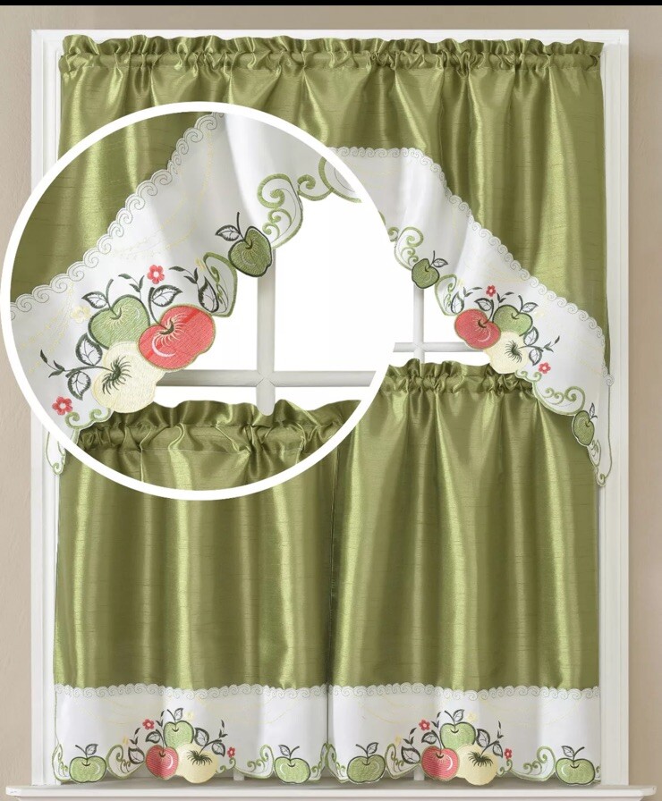 3PC SET EMBROIDERY KITCHEN CURTAIN SOLID DRAPE VALANCE TIER “GREEN RED APPLES”