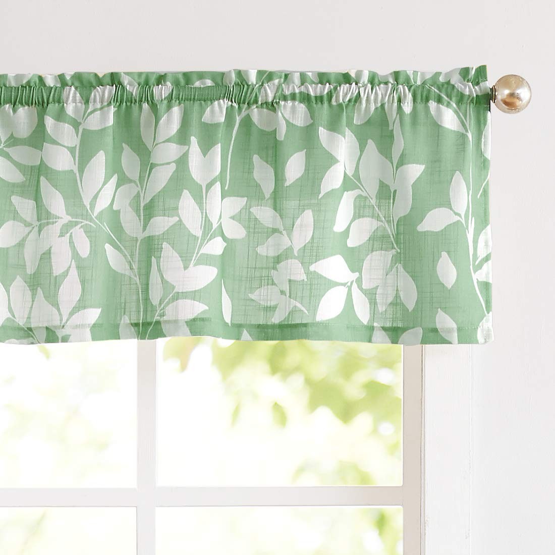 Leaf Print Valance Curtain 52″W 15″L Green White – Kitchen Window Treatment