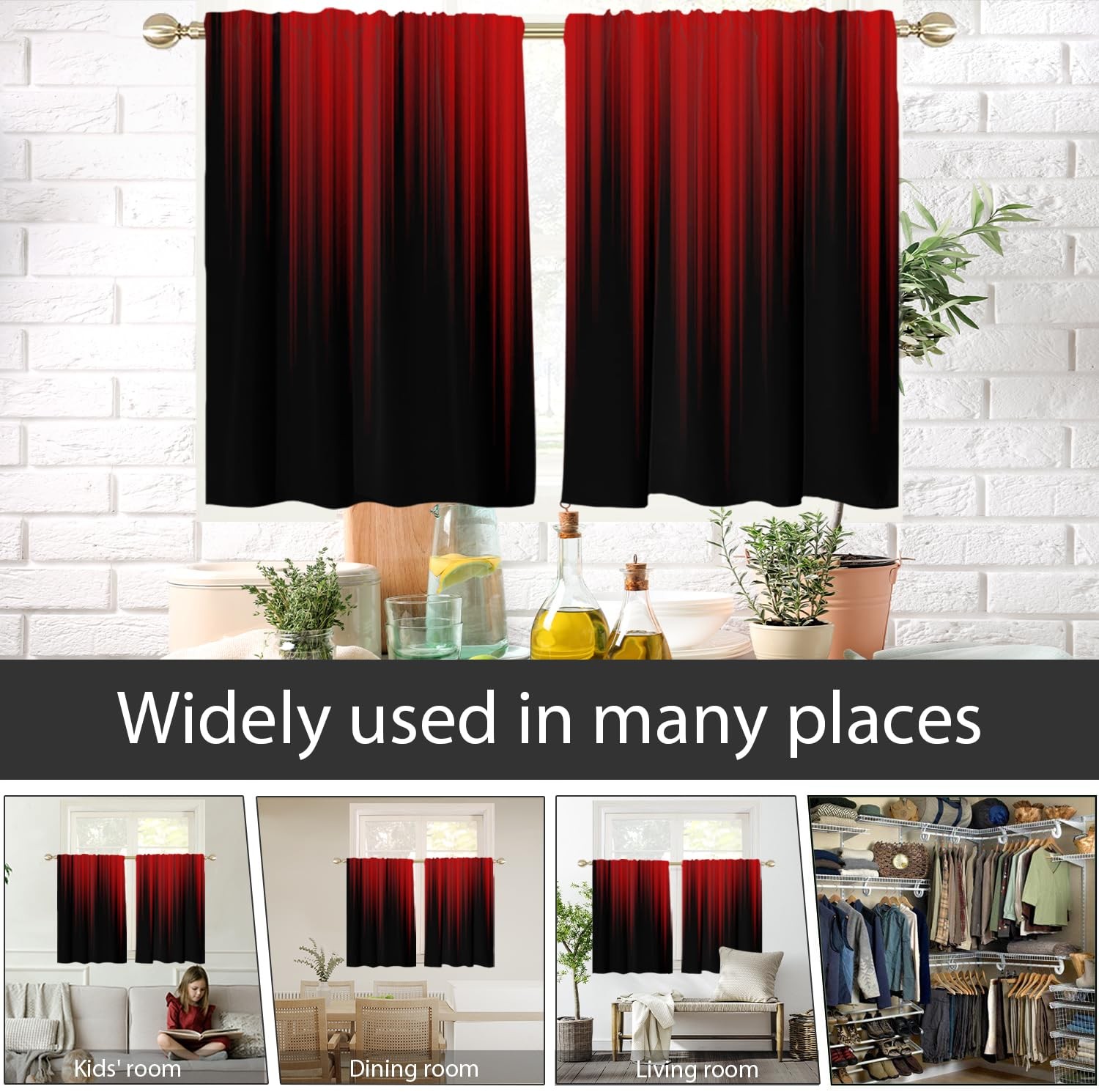 Red and Black Window Curtains for Kitchen Ombre Mens Gothic Abstract Gradient…