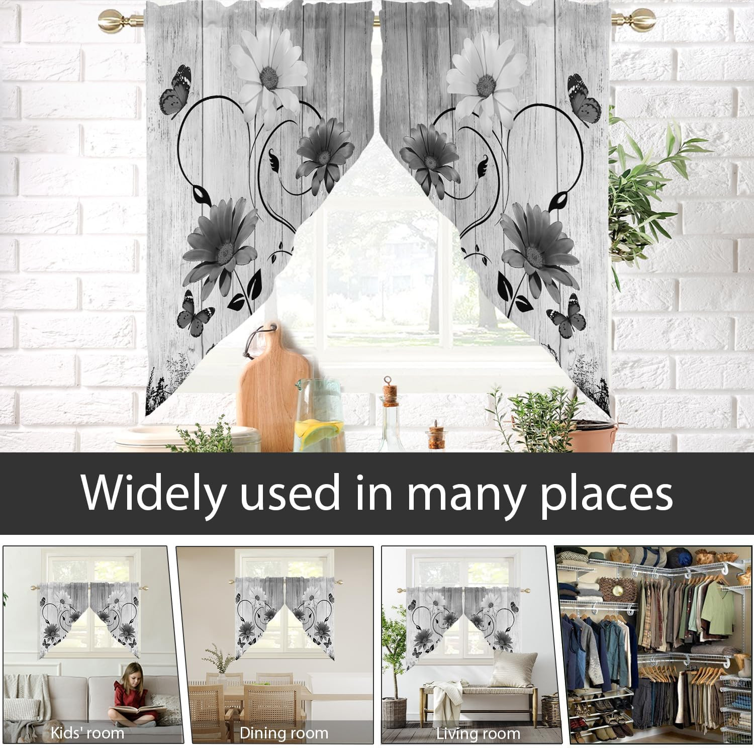 Black Floral Kitchen Swag Curtains, Vintage, 28″ W x 36″ L, 2 Panels | Grey and