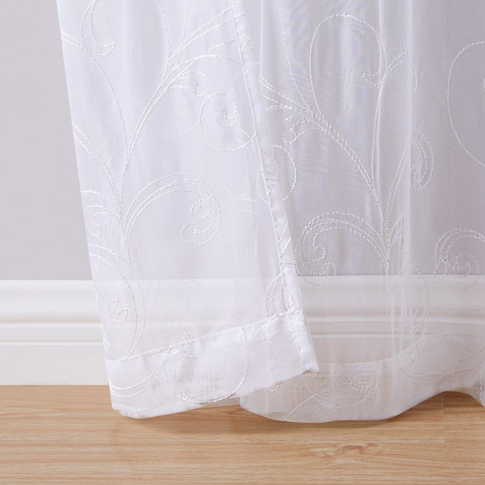 Embroidered Sheer Single Curtain Panel with Rod Pocket White 38 x 63 Inches