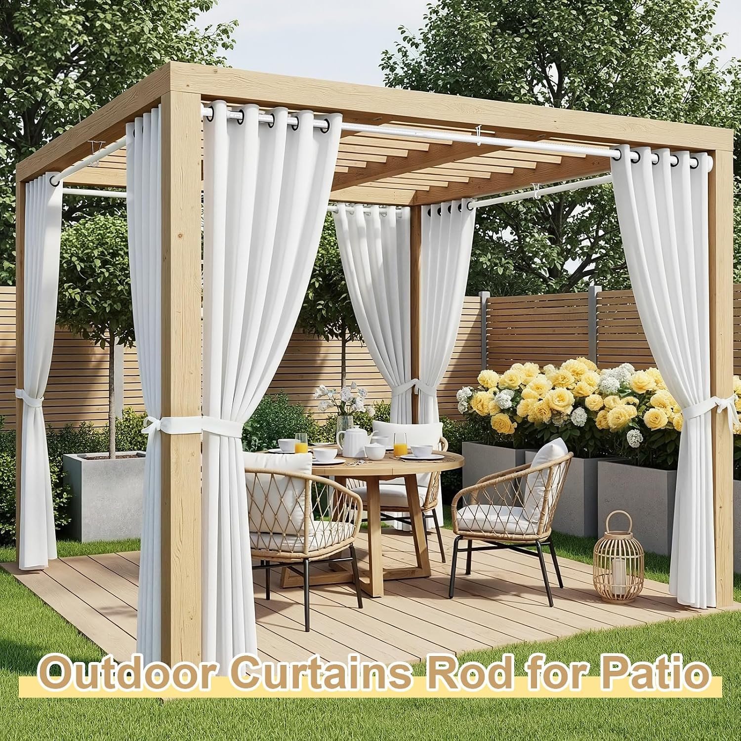 White Tension Curtain Rod 41-126In(4-10Ft), Long Outdoor Curtain Rod No Drilling