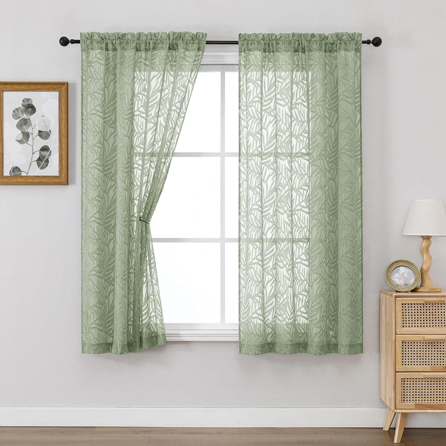 OVZME Sage Green Sheer Curtains 63 Inch Length 2 Panel, Light Filtering Bedroom