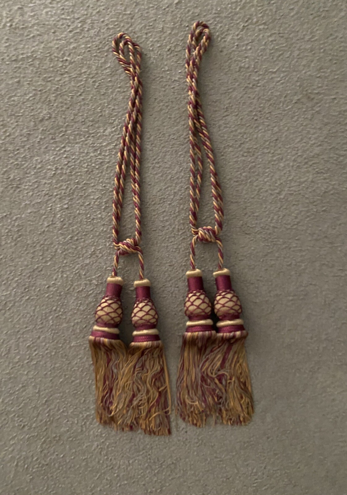 Pair Double Tassel Curtain Tiebacks Braided Rope Burgundy Wine Gold Green 31”