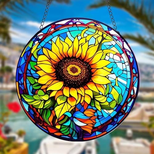 Sunflower Stained Glass Window Hanging, Round Yellow Floral Design for
