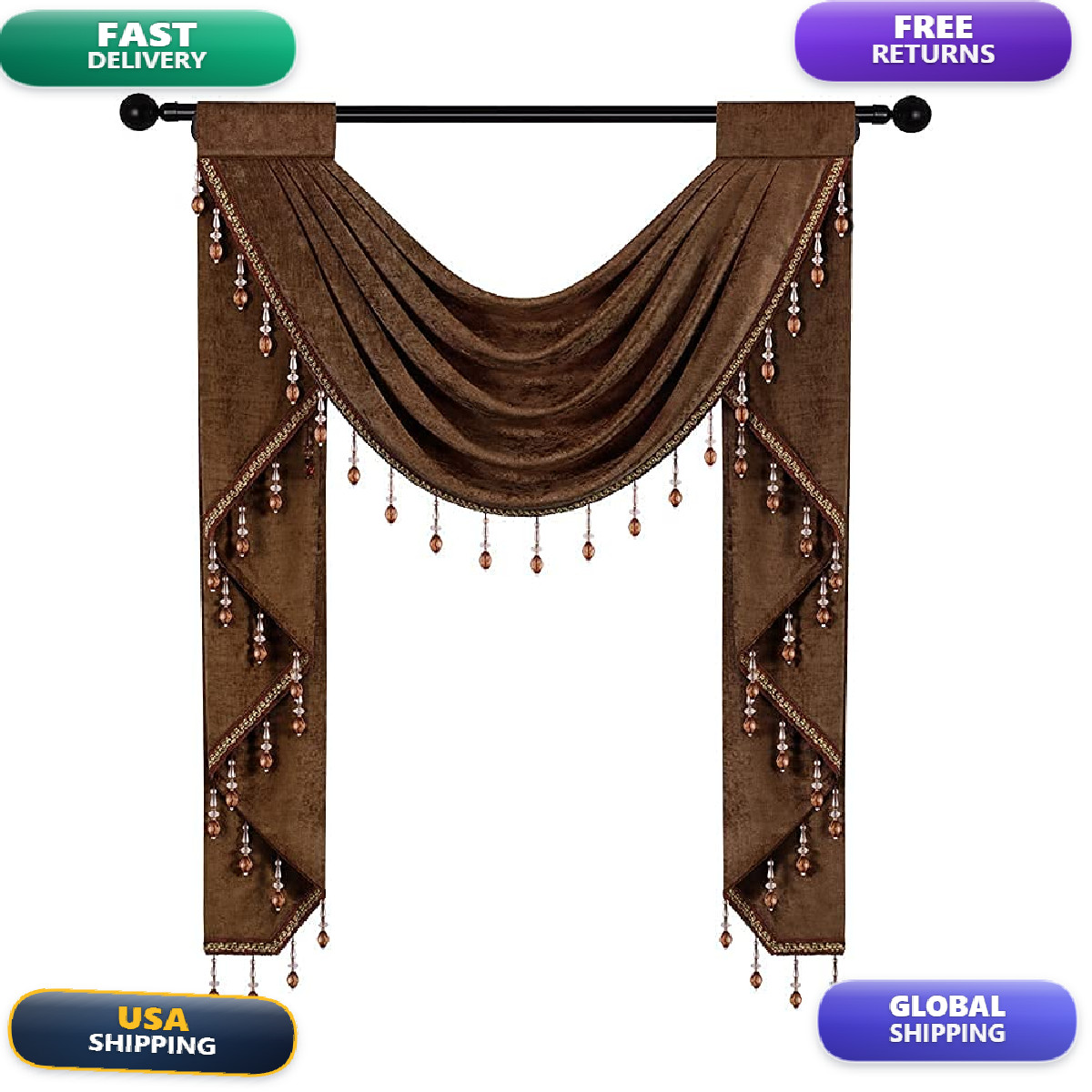 Elkca Chocolate Single Hollow Swag Valance For Kitchen Chenille Waterfall