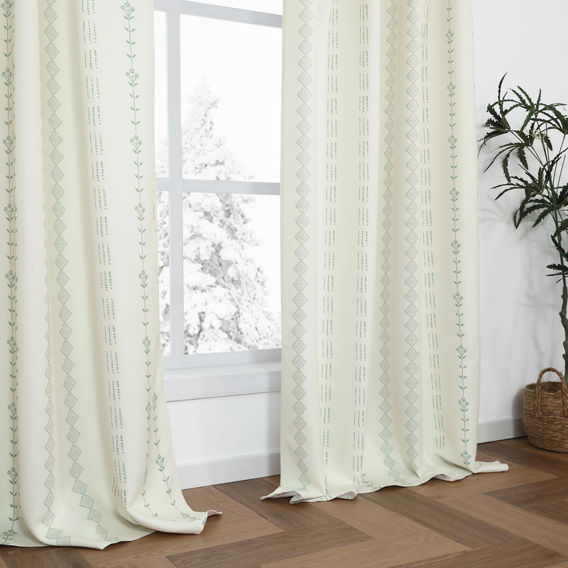 Lino Rosa Cream Room Darkening Curtains Sage Green Accents 63 Inch Length Semi