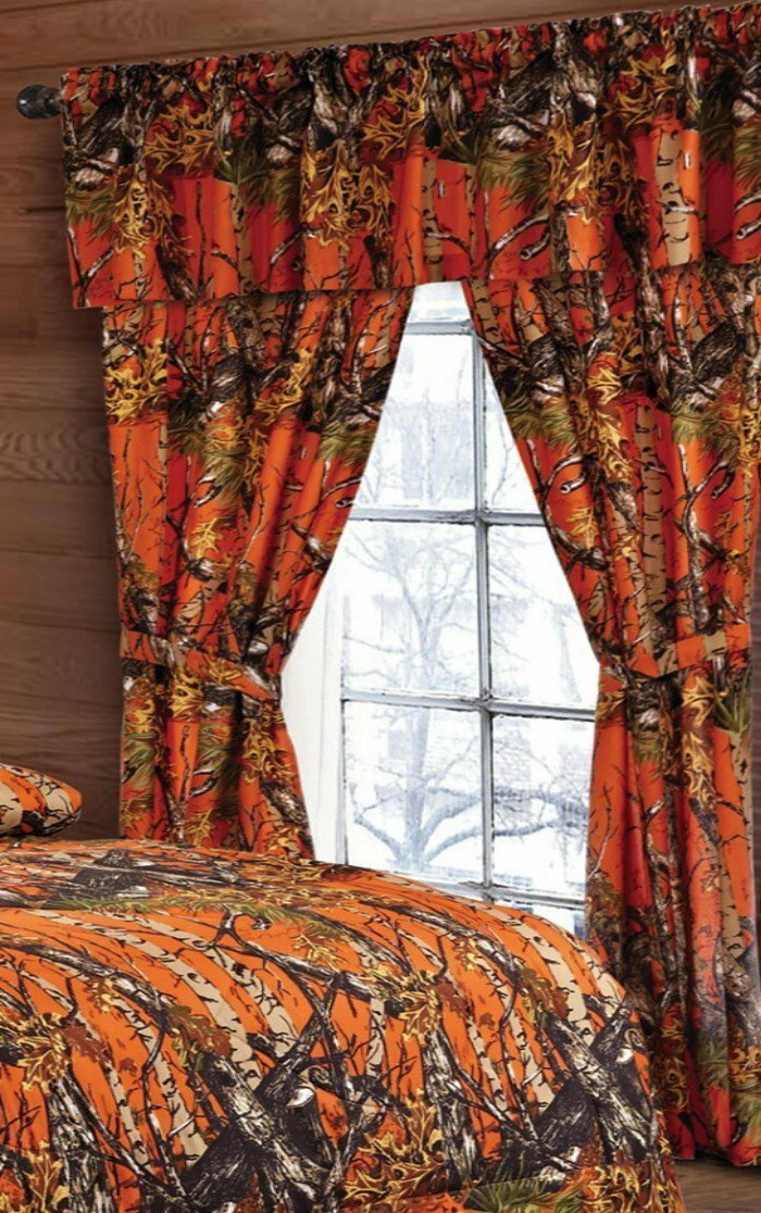 Orange Camo Curtain Set 5 Pc Woods Camouflage Valance Panels Tiebacks