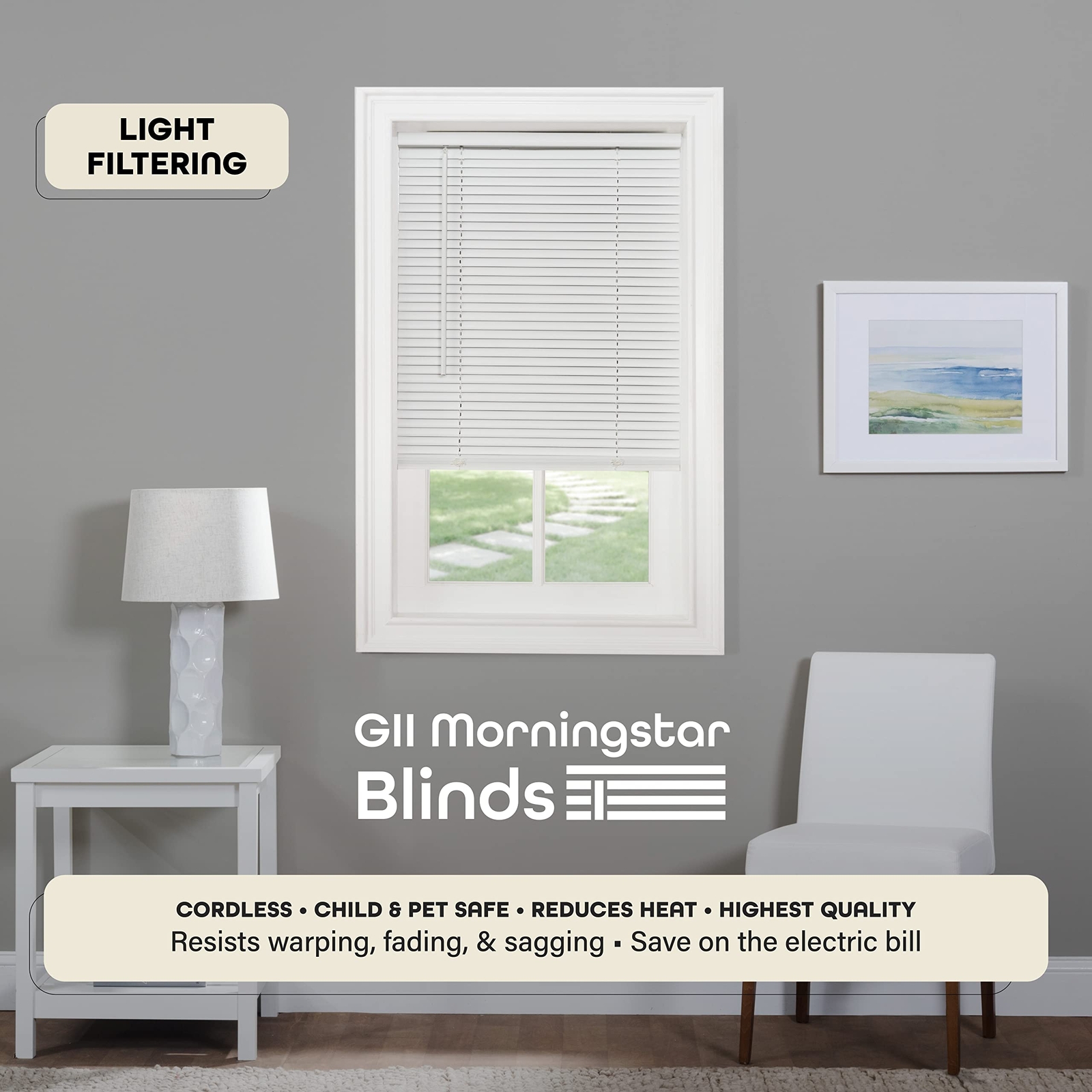 32×72 Pearl White Cordless Light Filtering Mini Blinds Child Safe PVC Blinds