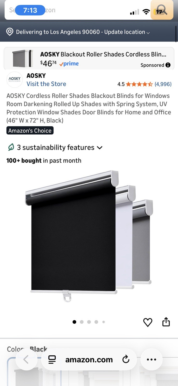 AOSKY Blackout Cordless Roller Shade UV Protection 46″W x 72″H Black