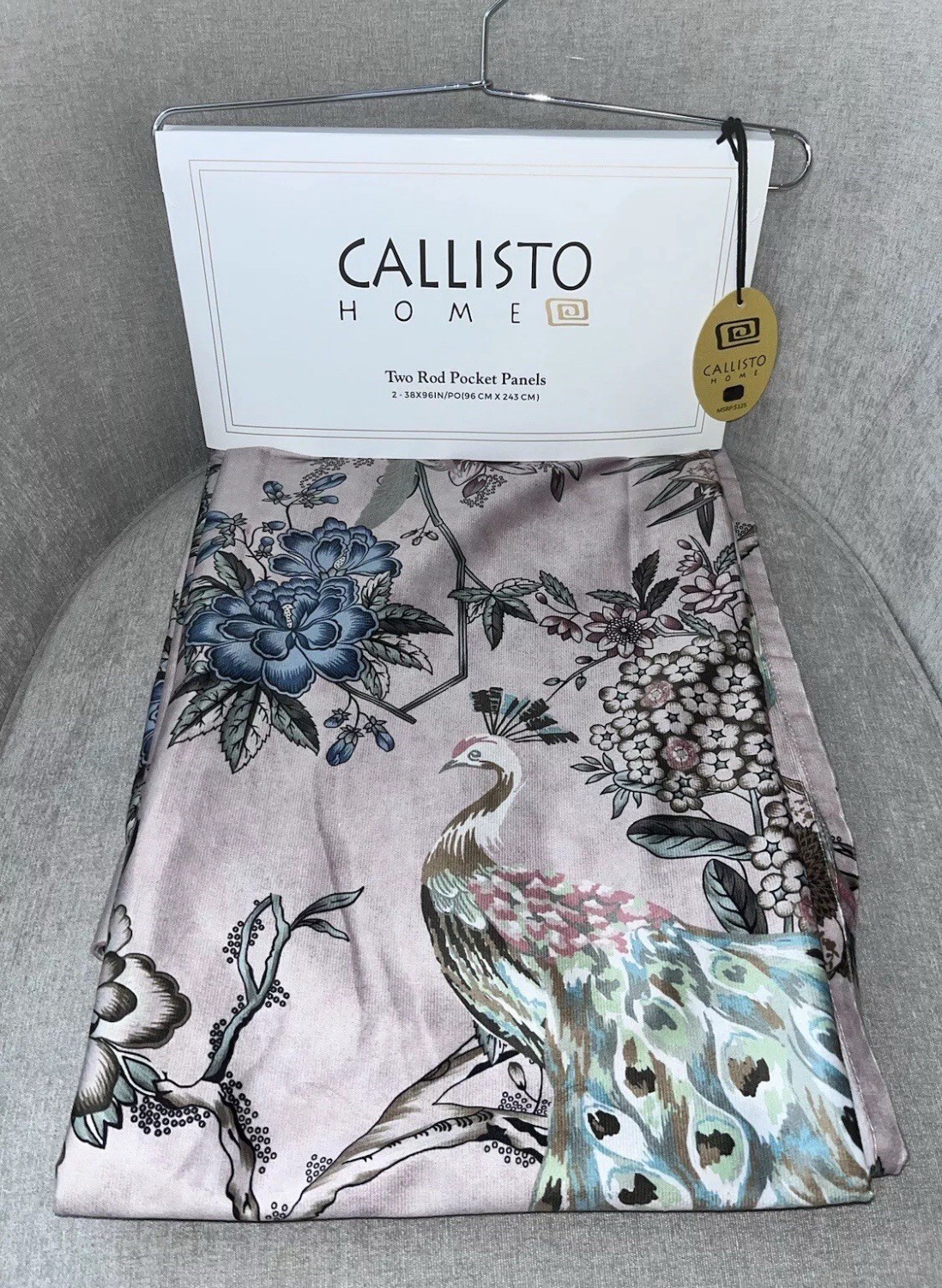 1-NWT CALLISTO HOME PEACOCK PRINT CURTAINS SET OF 2 PANELS SIZE 38”x 96”