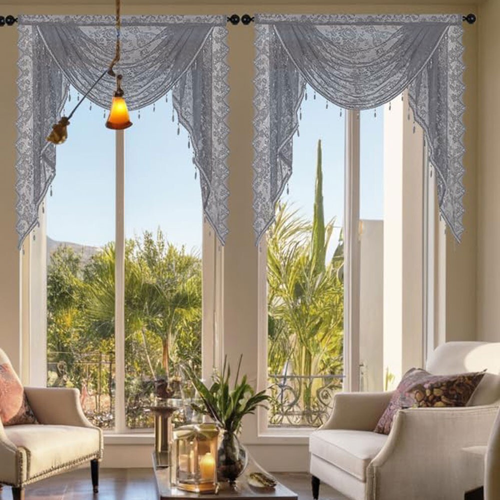 Vintage Embroidered Waterfall Lace Window Curtain Swag Valance with Bead Tassels