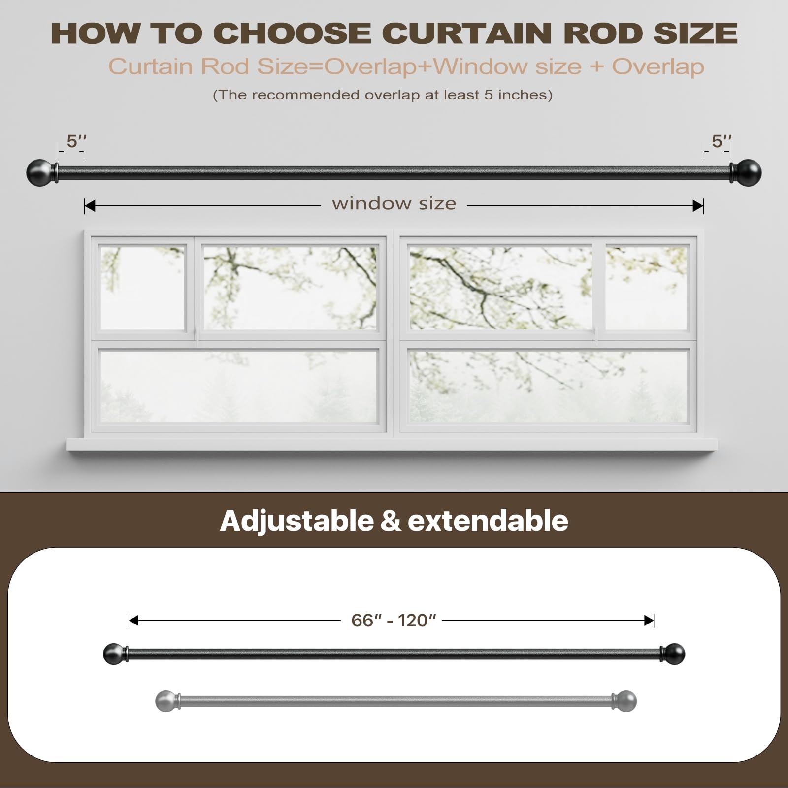Curtain Rods for Windows 66 to 120, Long Adjustable 66 – 120 inch, Black