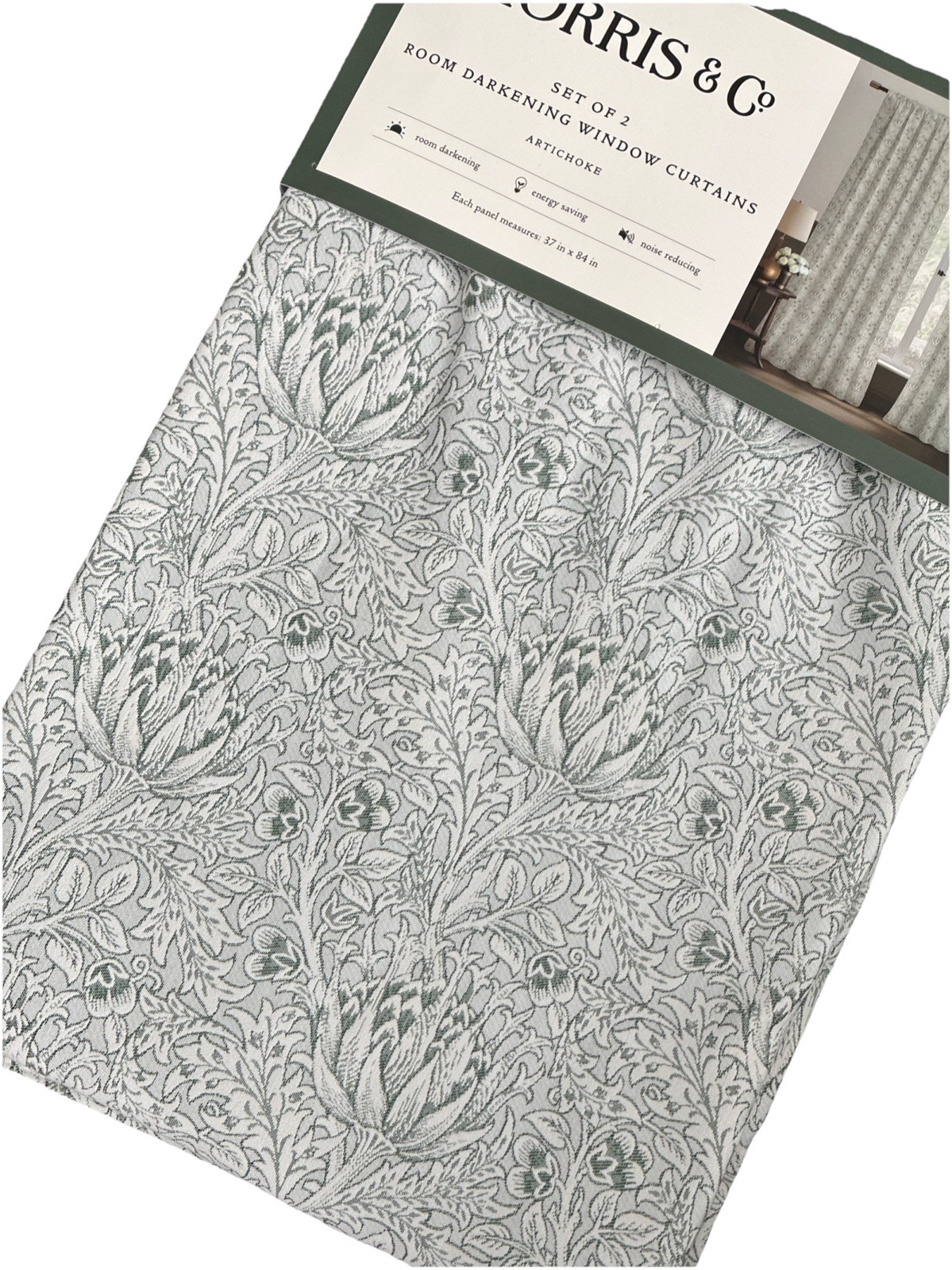 New Morris & Co Artichoke Green 2 x 37″ x 84″ Ivory Room Darkening Curtains