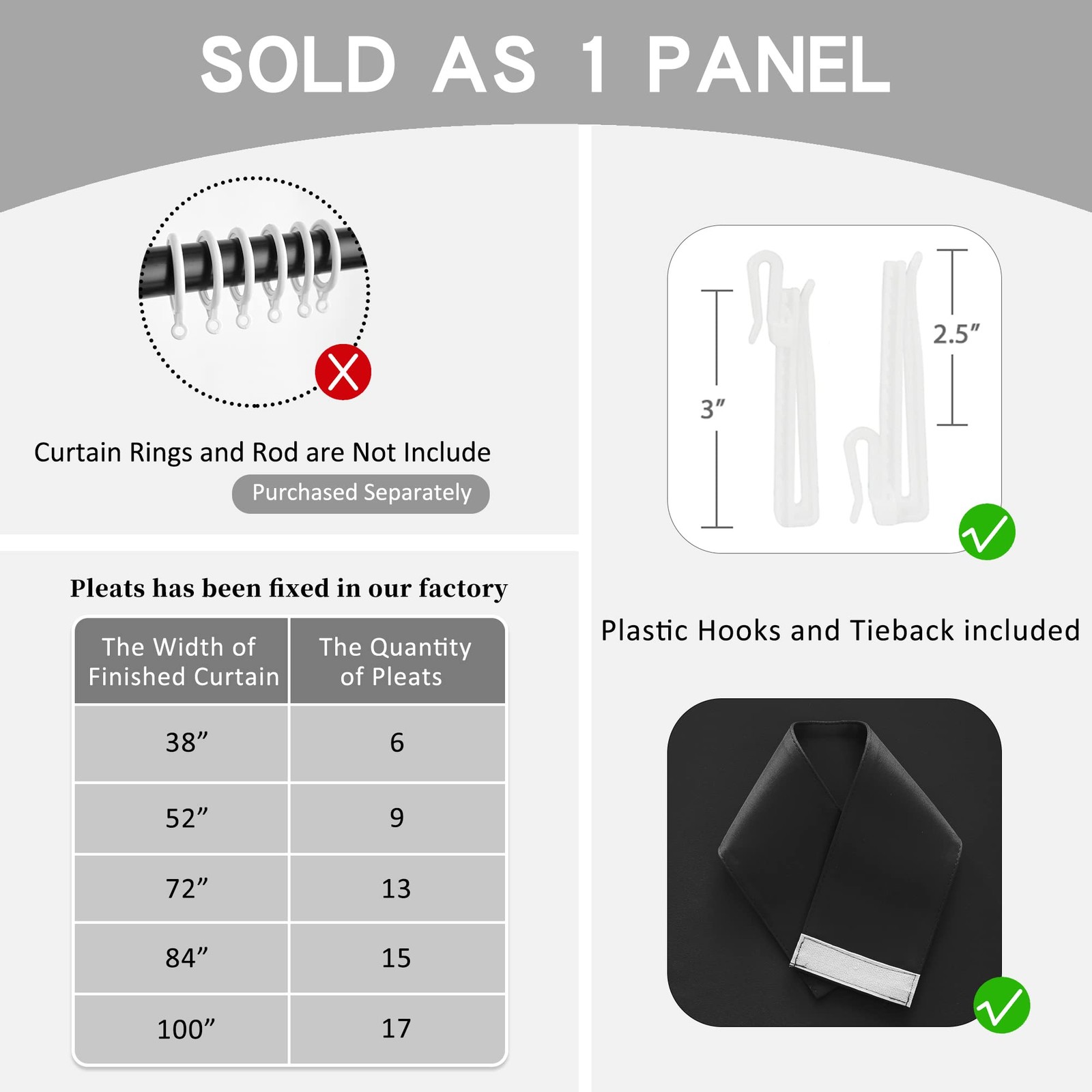 Oyring Black Pinch Pleated Curtain Hooks Tieback Light Blocking Thermal
