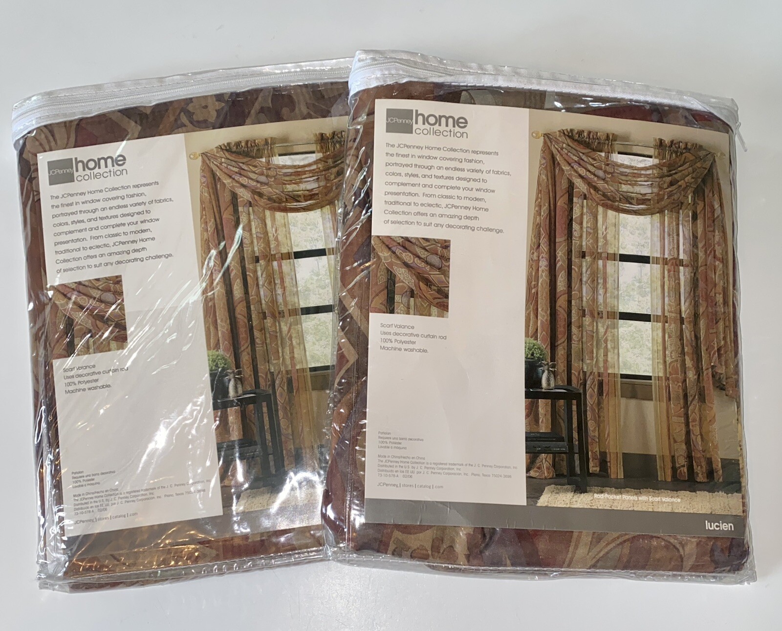 JC Penny Home Collection Set (2) Sheer Scarf Valance Lucien Print 58” X 216” NEW