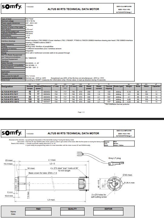 Somfy Altus 120/12 RTS motor Includes remote control