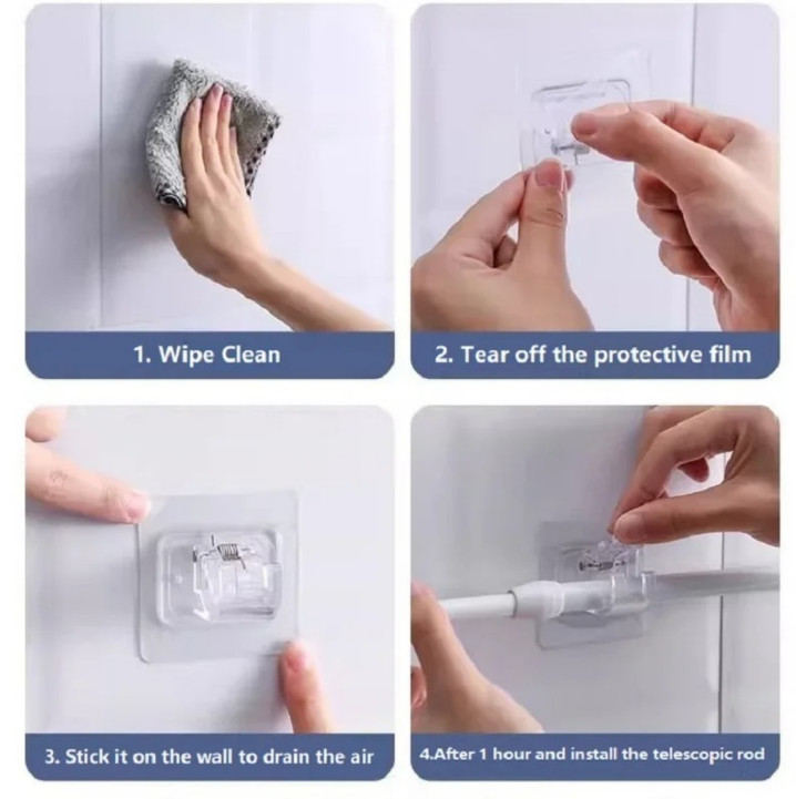 8pcs Nail Free Adhesive Holder Adjustable Hooks Curtain Rod Clip Self Brackets