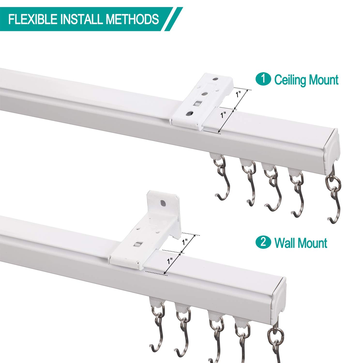 Ceiling/Wall Mount Curtain Track Rod Set with Hooks, 6ft – 9ft Adjustable Len…