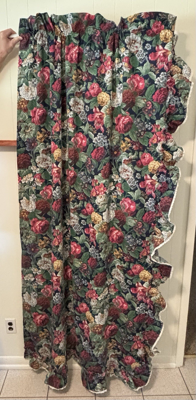 VTG 90s Curtain Panel Floral Ruffle LEFT side Navy Green Vibrant 45″W x 84″L EUC