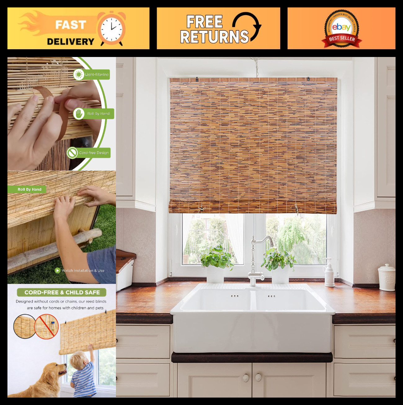 Light-Filtering Cord-Free Bamboo Roll-Up Blinds for Windows, 48″ W x 72″ H, Coff
