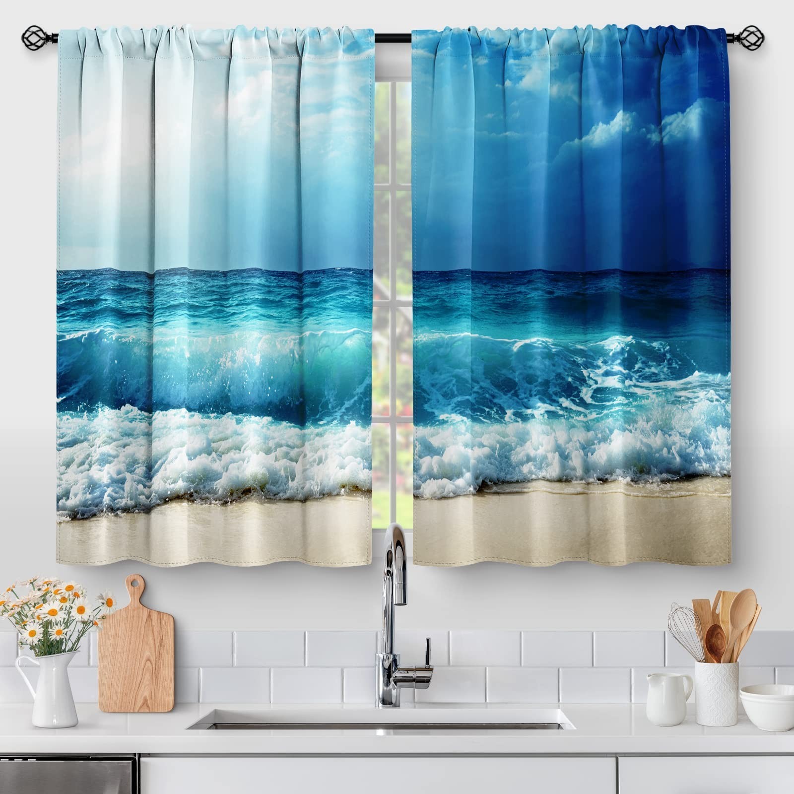 Seascape Beach Kitchen Curtains – Blue Waves Cafe Tier Drapes 36″ 2 Panels Set