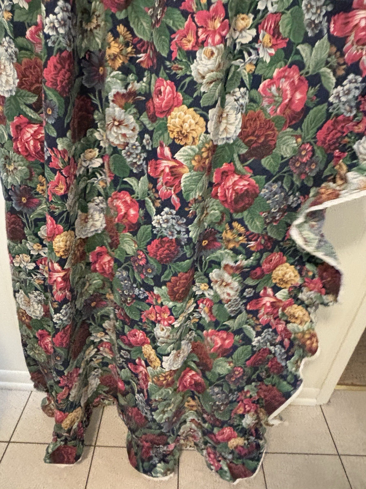 VTG 90s Curtain Panel Floral Ruffle LEFT side Navy Green Vibrant 45″W x 84″L EUC