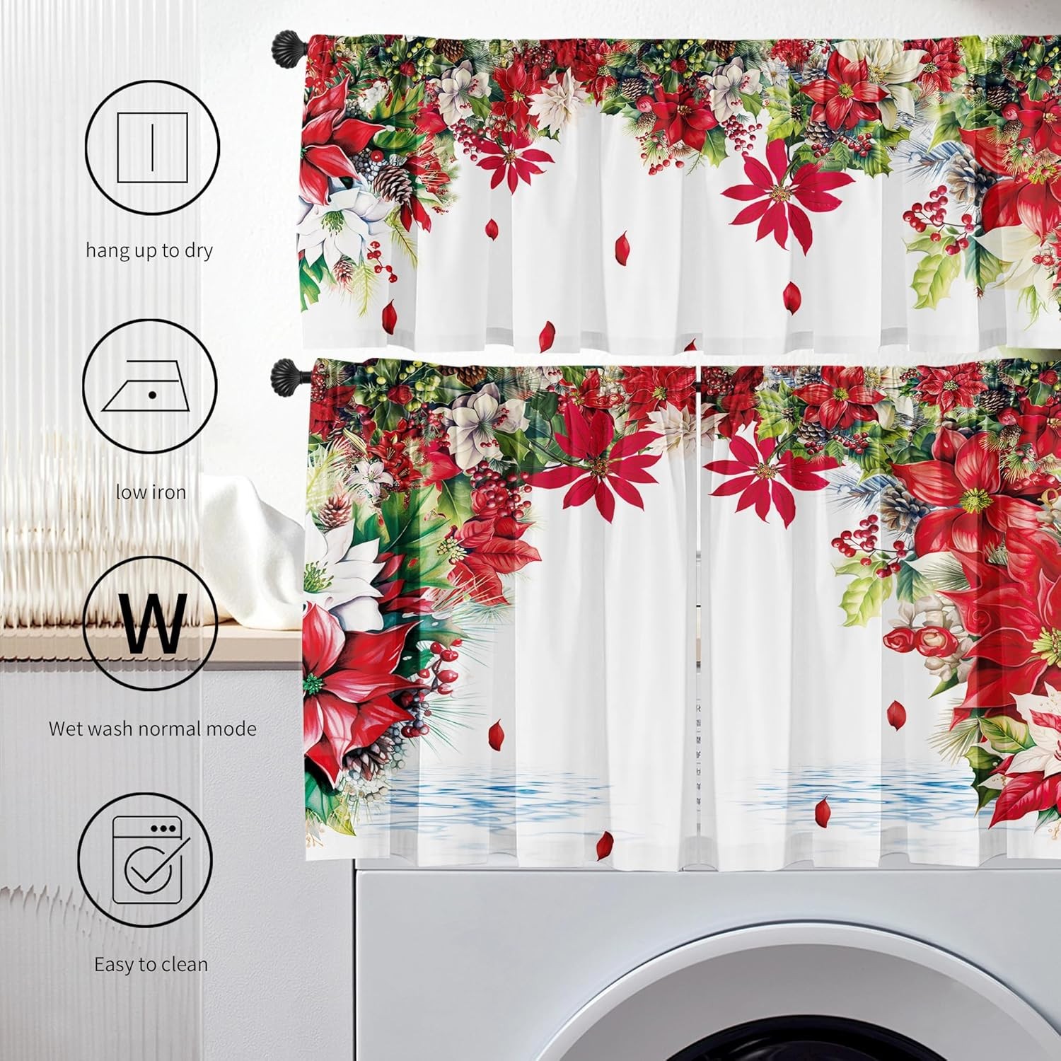 Christmas Poinsettia Curtain Valances 3 Piece Set Upper Curtain 52” Lx18”