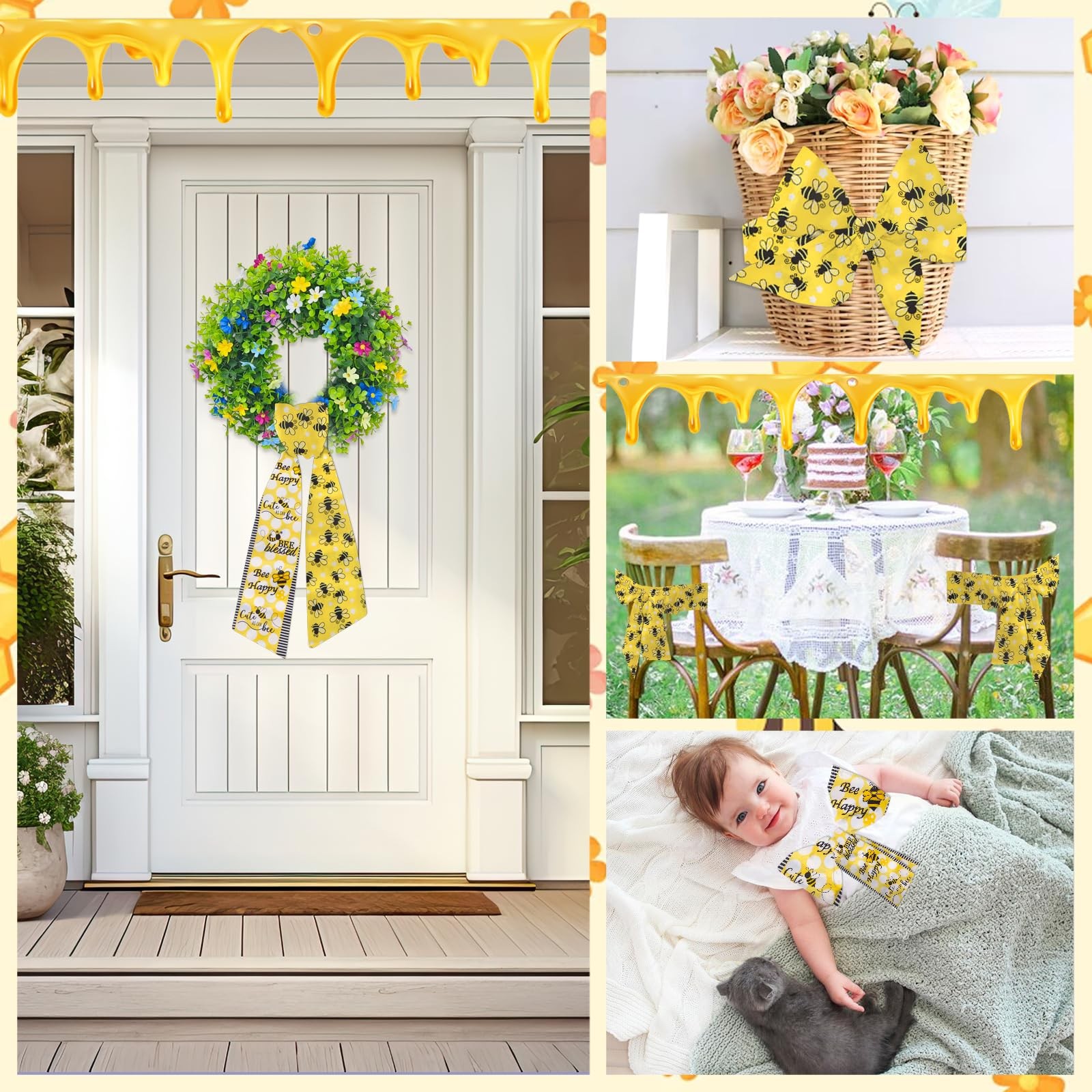 Spring Wreath Sash for Front Door Yellow Bees Sash Holiday Wreath for Home Ga…