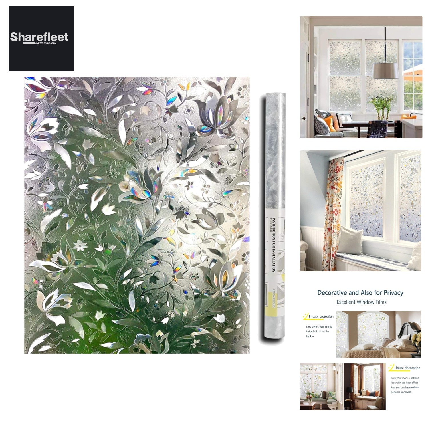 Window Film Opaque Self Adhesive, Rainbow Static No-Glue Privacy Shu…