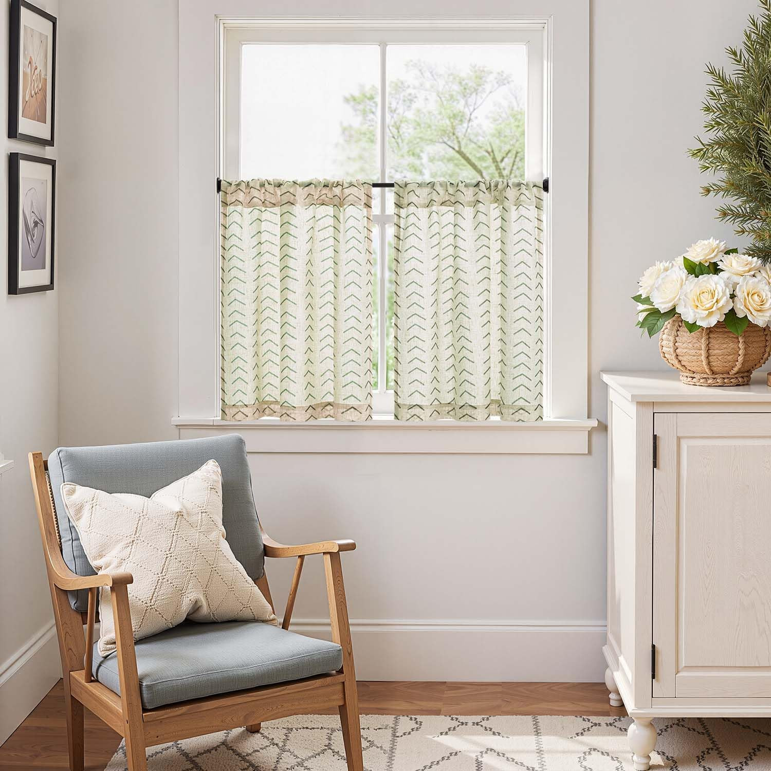 Boho Linen Blend Kitchen Curtains 24 Inch Length Herringbone Printed Tier Curtai