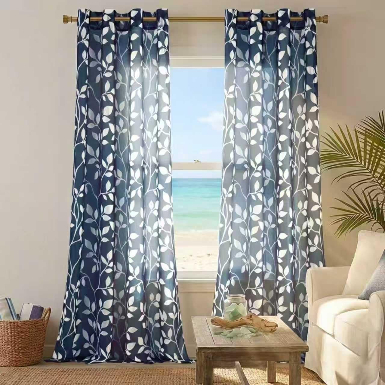 XTMYI Navy Blue Pattern Curtains 84 Inch Length for Living Room 2 Panels Set,Lea