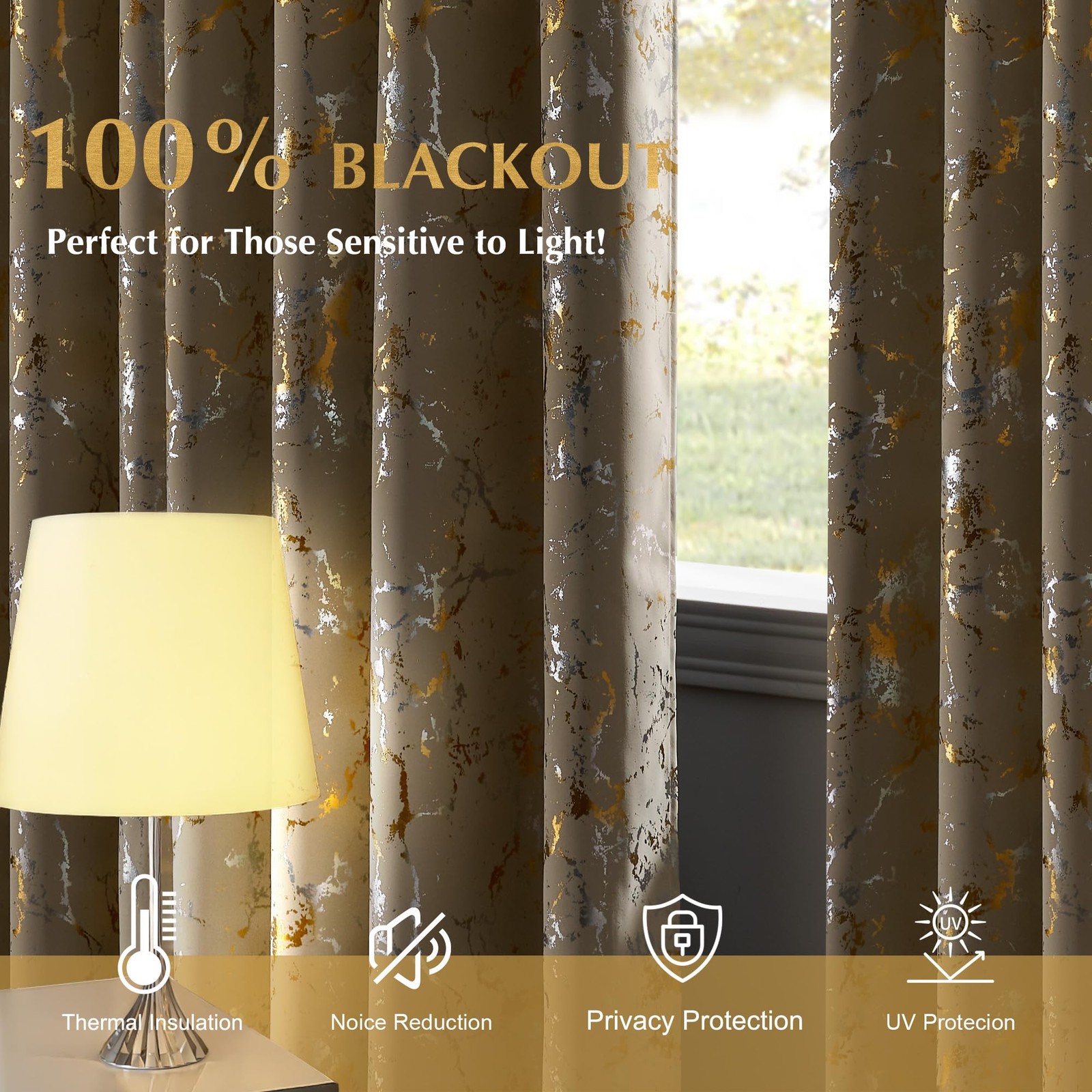 100% Blackout Silver and Gold Patterned Curtains for Living Room Bedroom Beig…