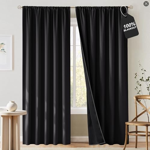100% Out Curtains 84 inch Long for Living Room, 52″W x 84″L (Pack of 2) Black