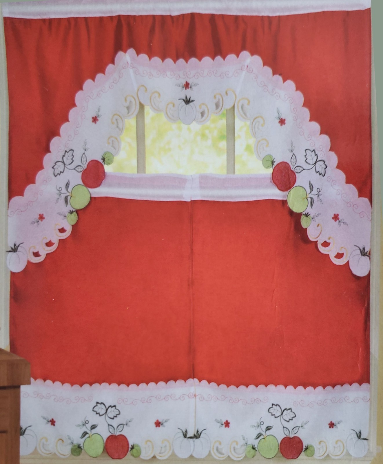 3 pc. Embroidery Curtains Set: 2 Tiers & Swag, RED & GREEN APPLES,APPLE TREE,ACP