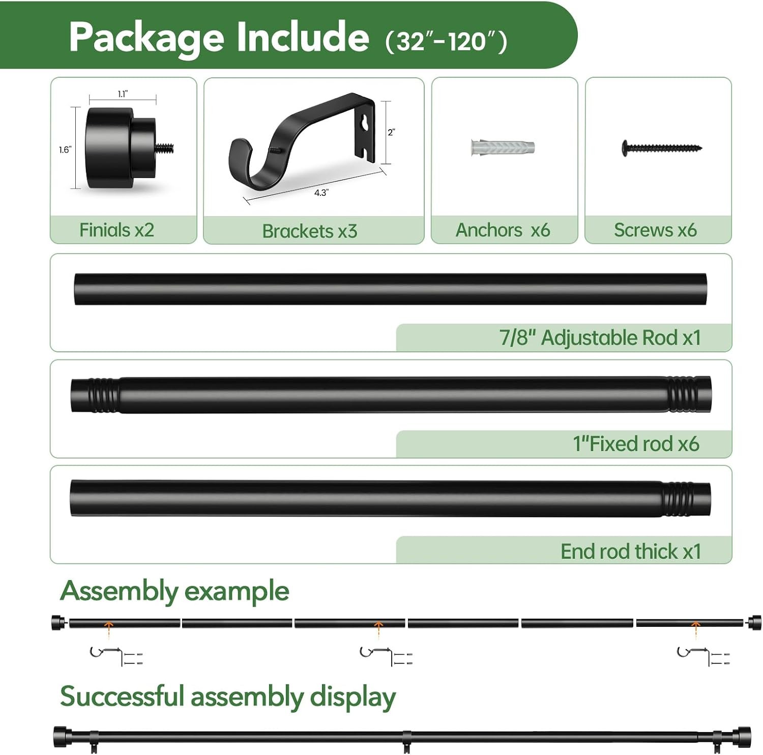 Black Curtain Rods for Windows 32 to 120 Inch (2.6-10 Feet), 1 Inch Diameter