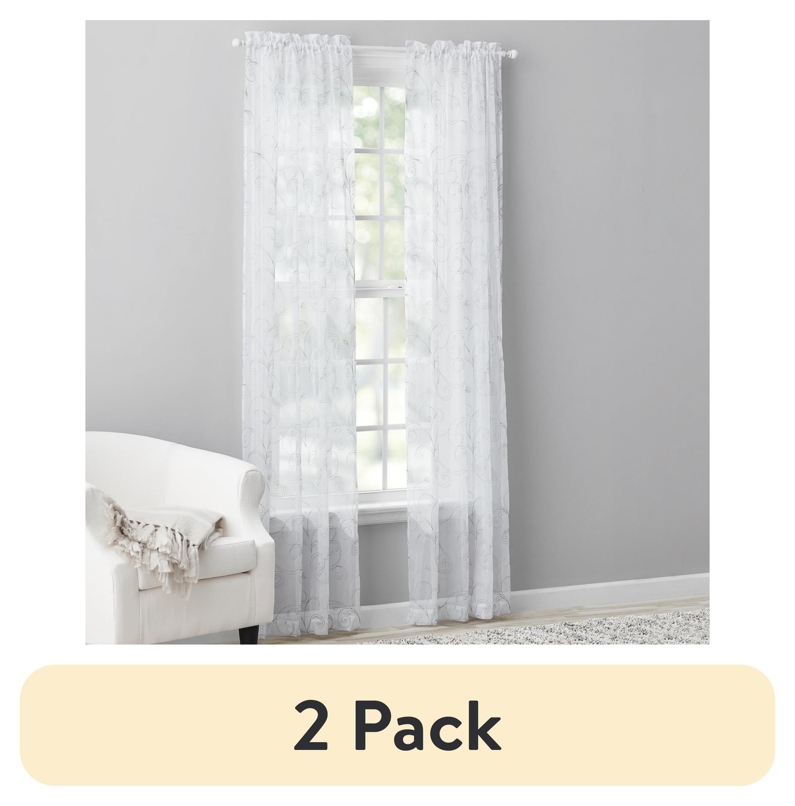 Scroll Rod Pocket Sheer Curtain Panel, 1-Piece, White/Grey, 38″ W x 63″ L