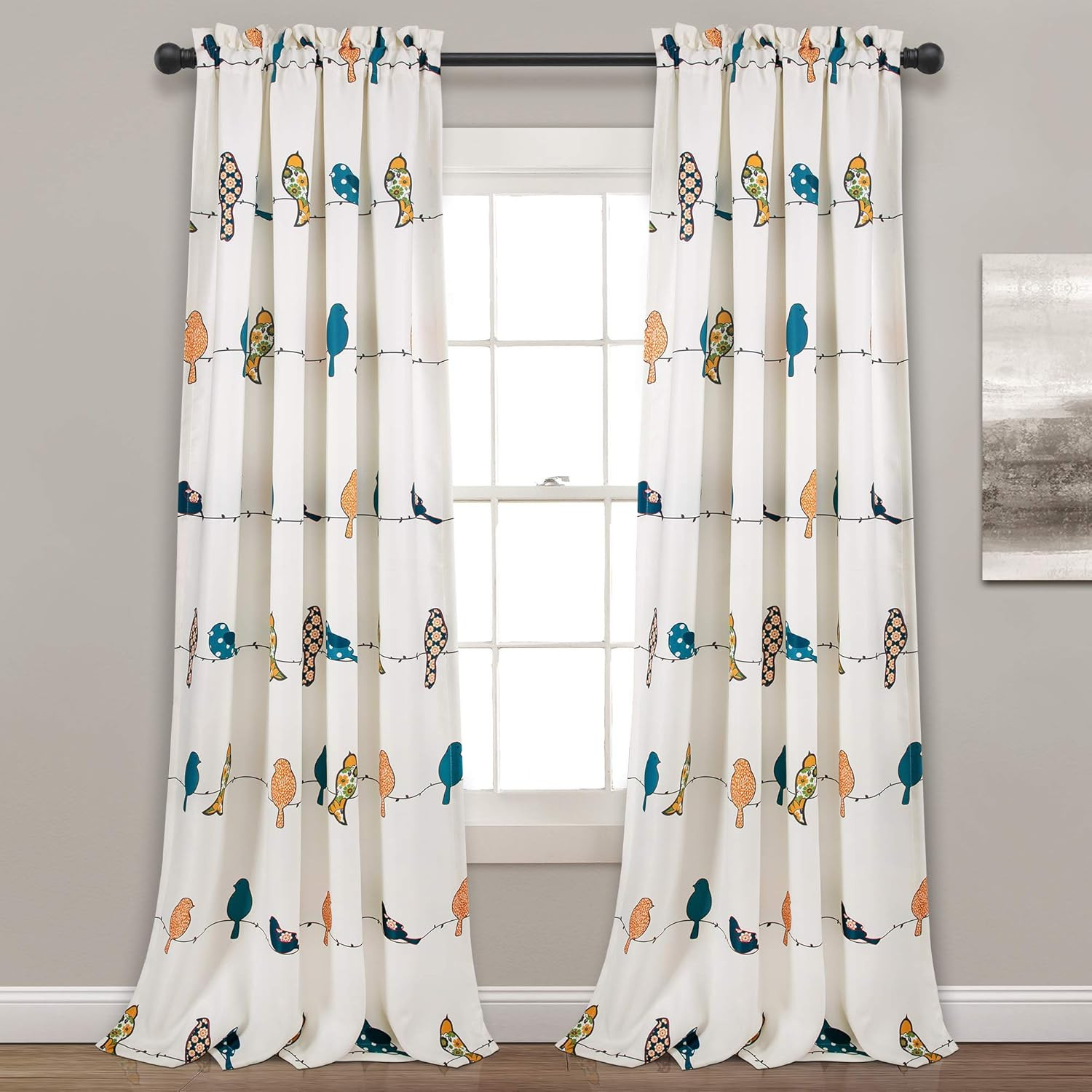 Colorful Bird & Floral Light Filtering Curtains, 52″ W x 108″ L, 2 Panels