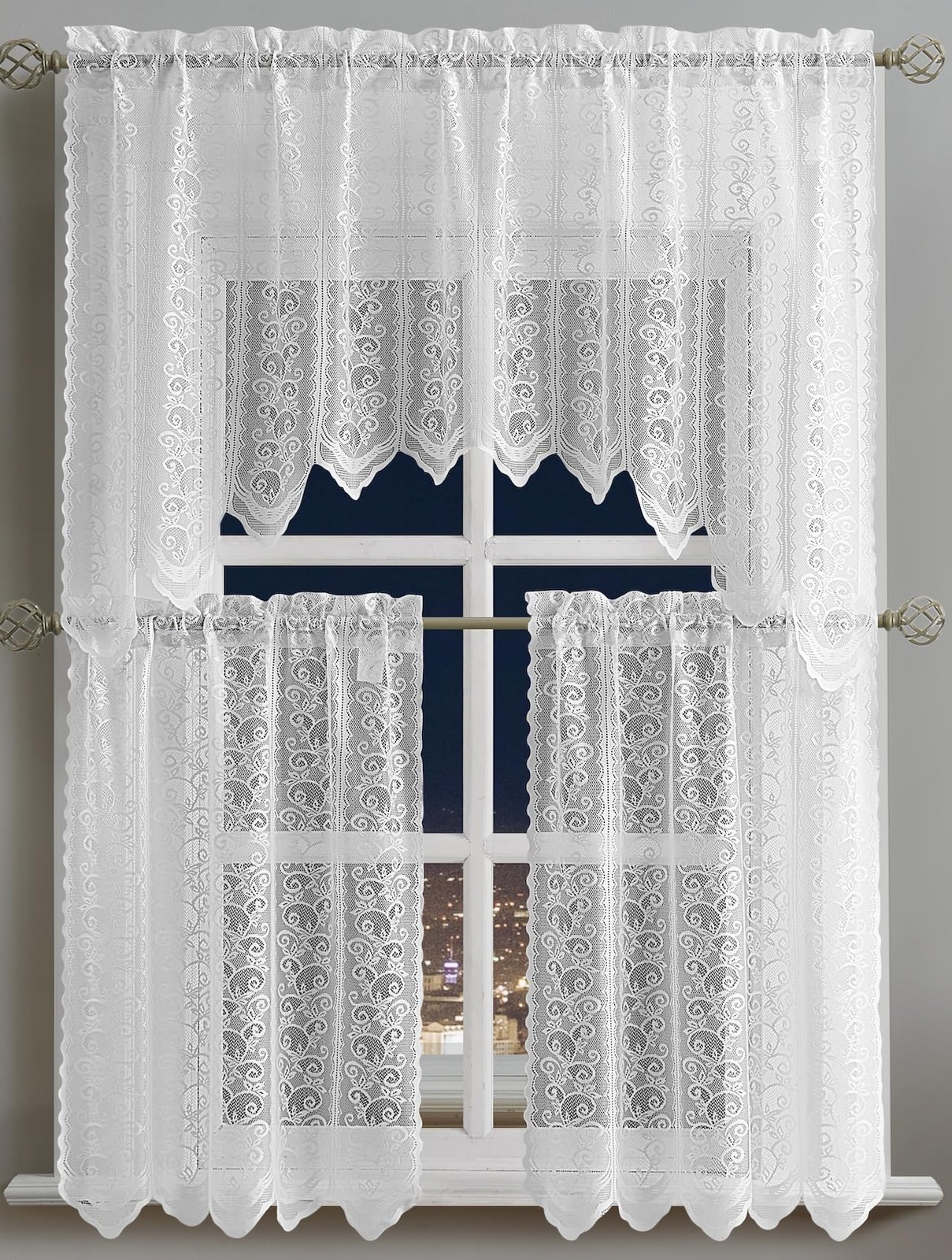 White Lace Kitchen Curtains 3 Piece Set Includes Floral Paisley Valance and a…