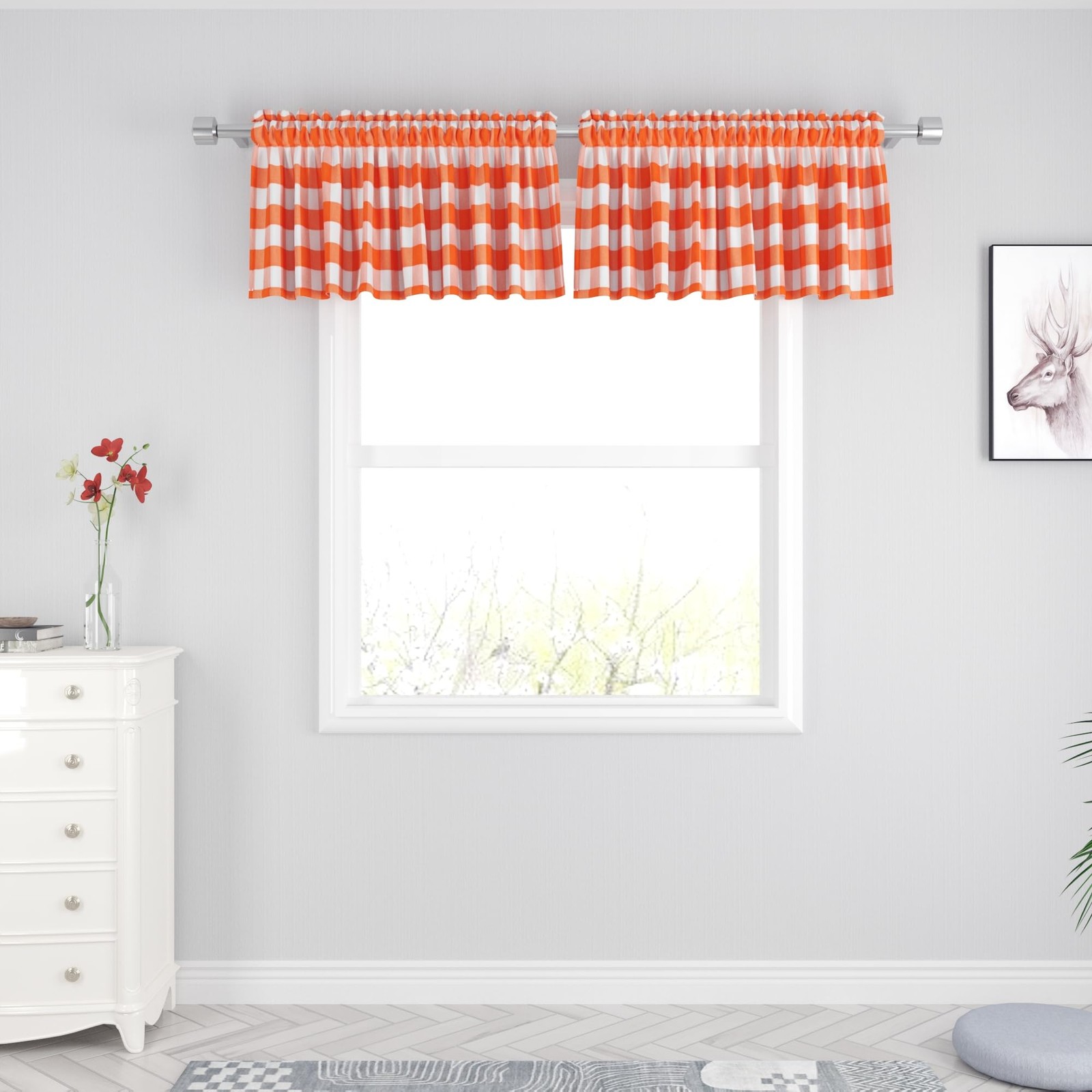 2 Pieces Valences Buffalo Check Kitchen Tier Curtains Classic Plaid Gingham F…
