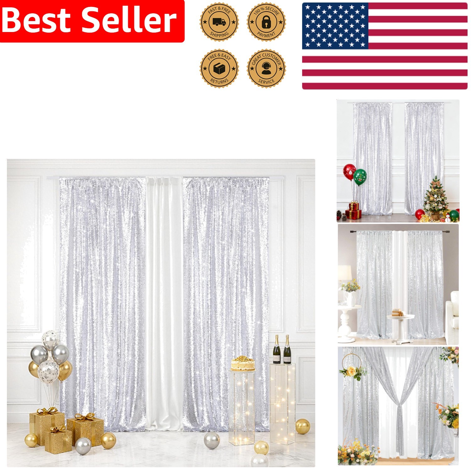 Shiny Sequin Backdrops 2 Panels Silver 2ft x 8ft Party Wedding Photography Decor